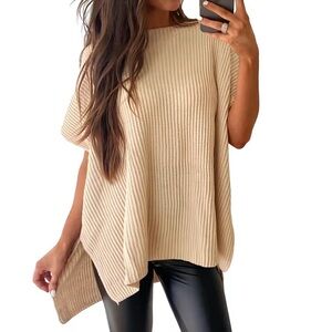 Oversized Cozy Ribbed Knit Top Women’s Crew Neck Short Sleeve Pullover